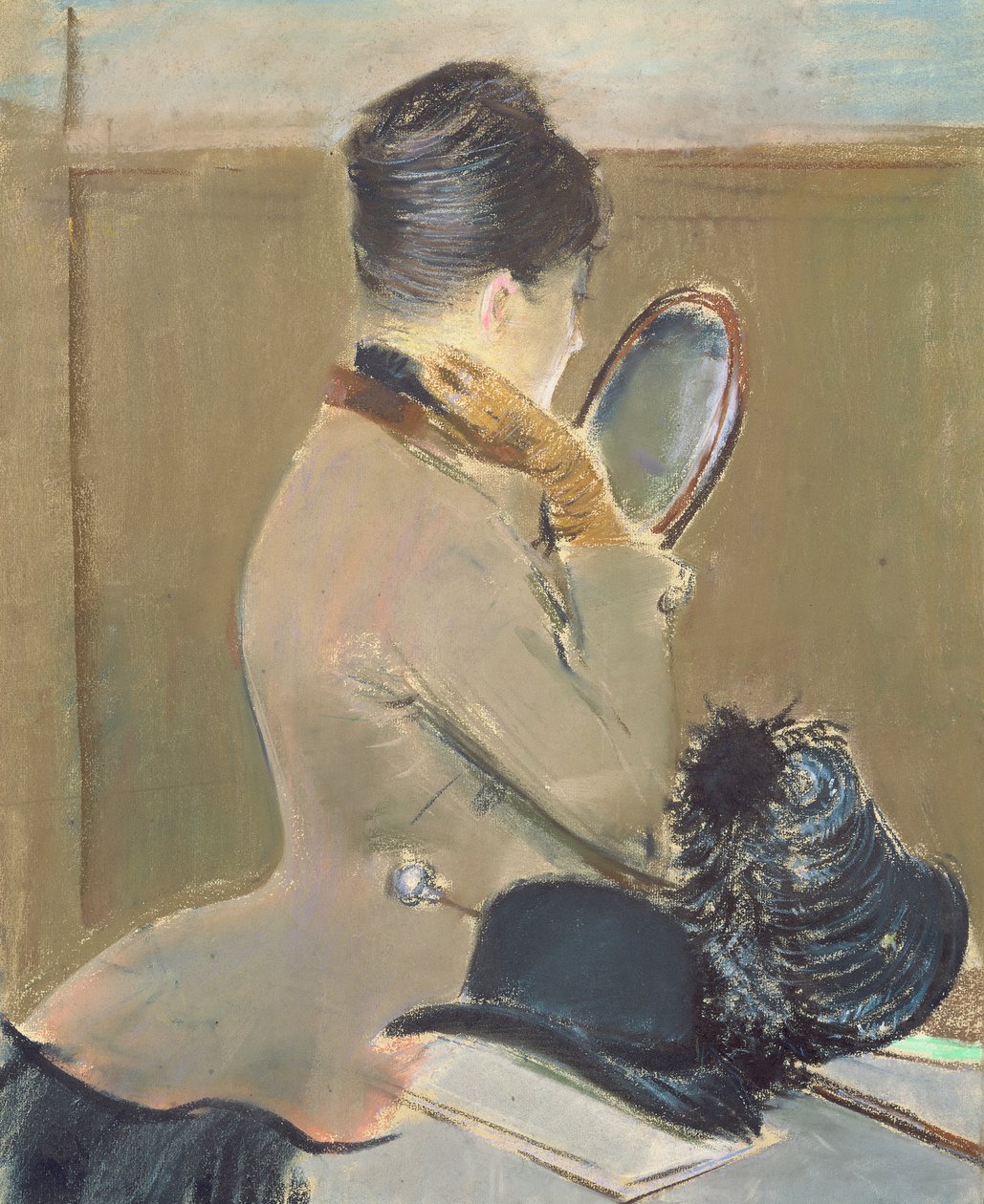 Milliner'de, c.1885 (gemiye serilmiş kağıt üzerine pastel) by Jean Louis Forain