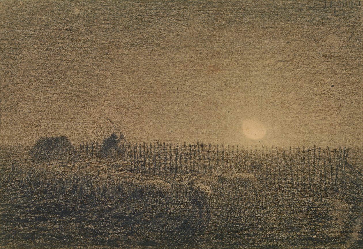 The Shepherd at the Fold by Moonlight (charcoal on paper) by Jean Francois Millet
