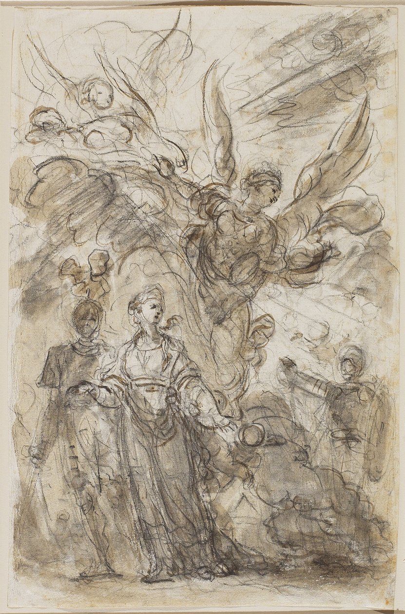 Charlemagne leads Angelica away from Roland, c.1785 (black chalk & brown wash with traces of graphite on laid paper) by Jean Honore Fragonard