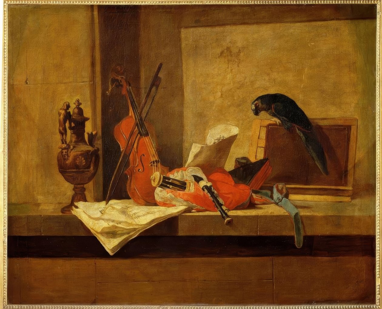 J.B.S.Chardin, Musikinstrumente u. Papağ. by Jean Baptiste Simeon Chardin