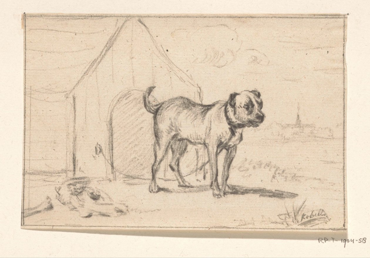 Köpek kulübesinin önünde duran tasmalı köpek by Jean Bernard