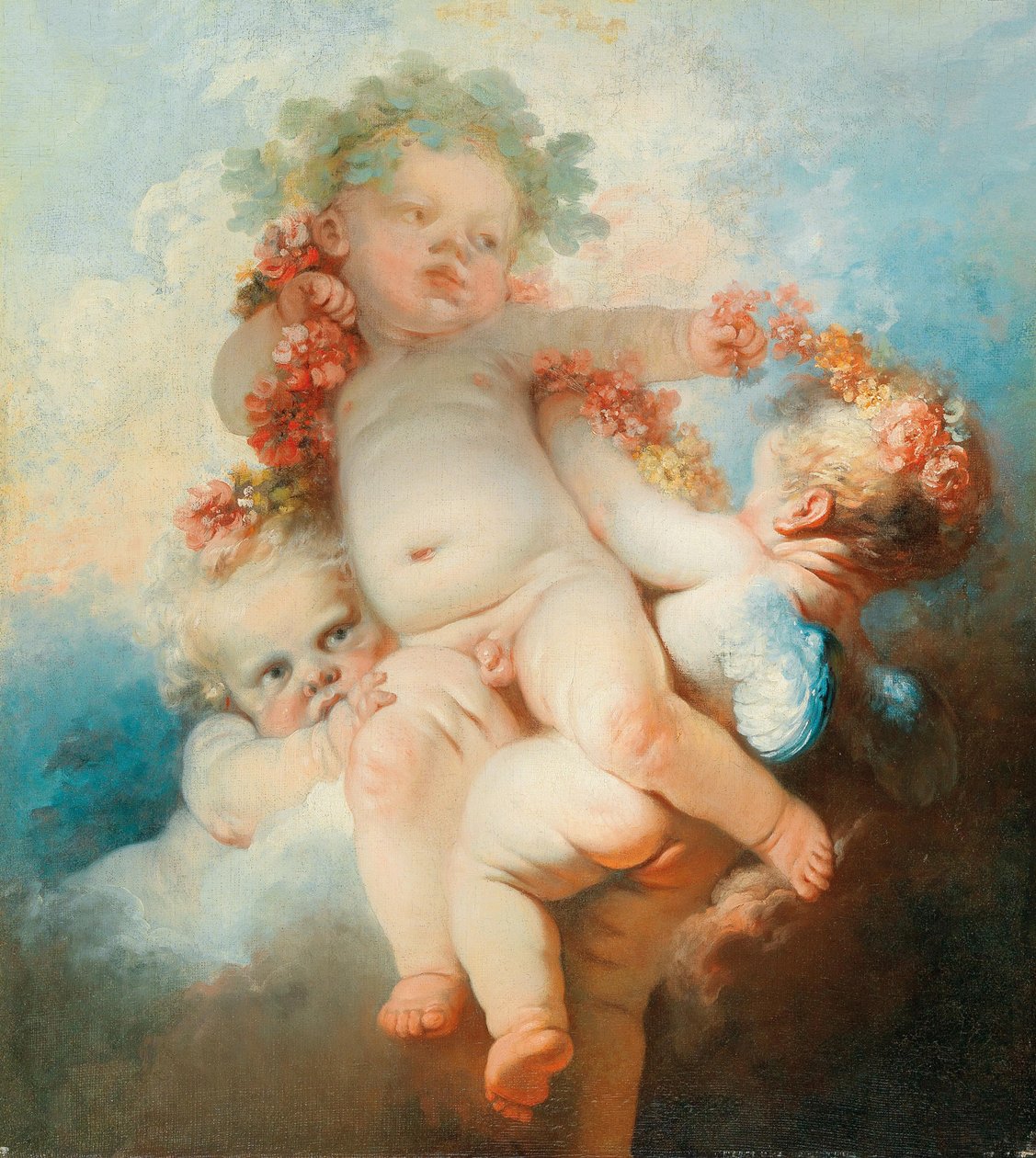 Çiçeklerle süslenmiş üç putti. by Jean Honore Fragonard