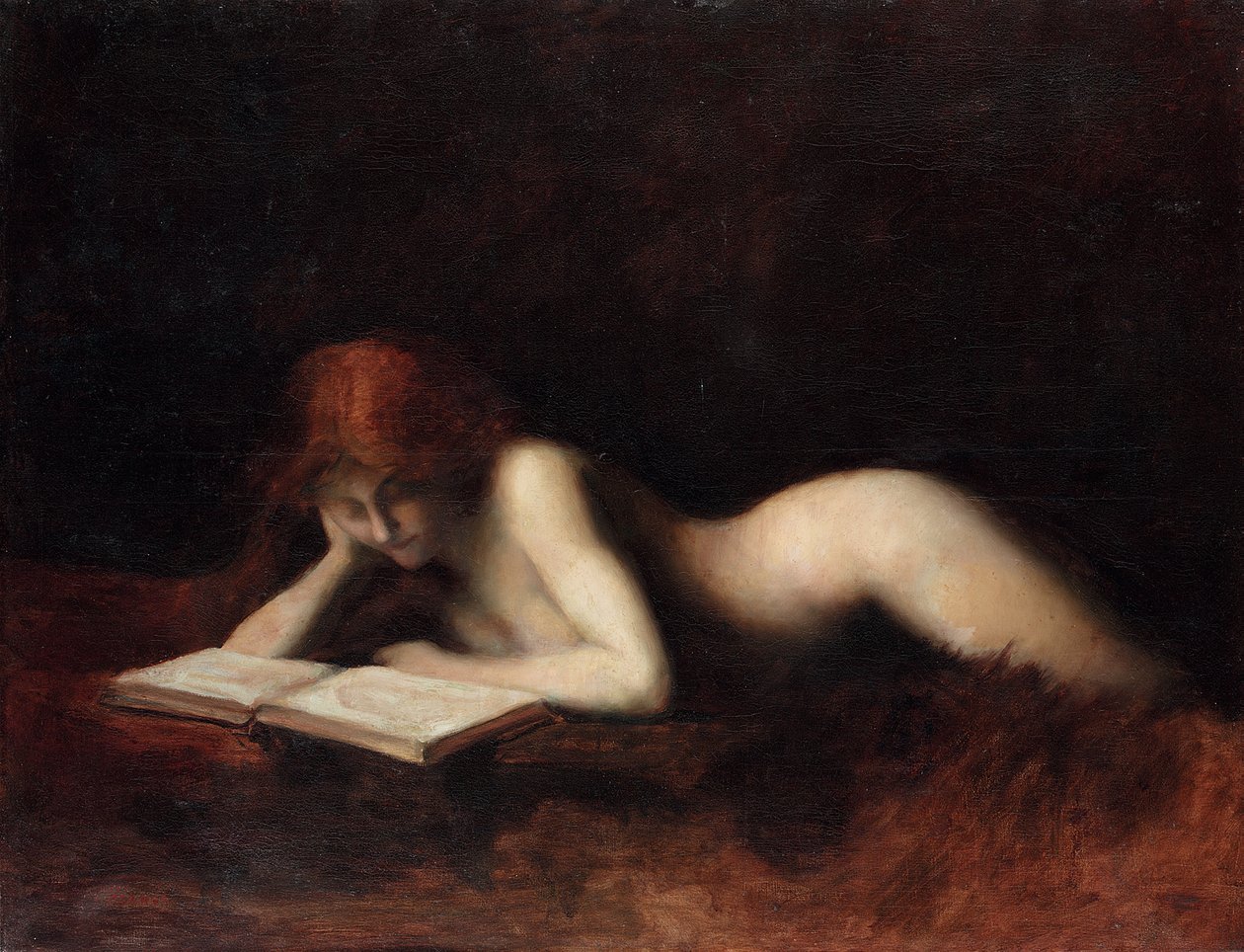 Bir kitap okurken uzanmış çıplak kadın by Jean Jacques Henner