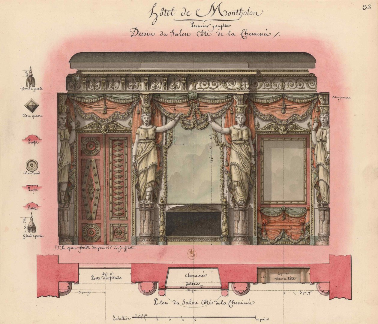 Otel Montholon. Salon projesi, 1786. by Jean Jacques Lequeu