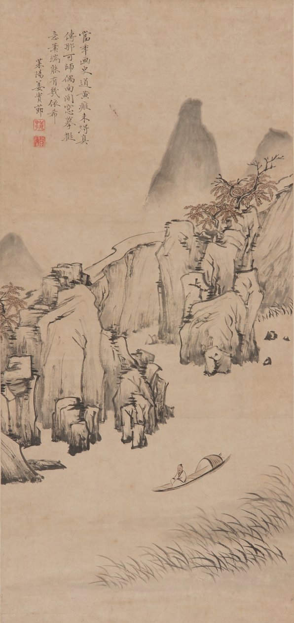 Teknedeki adamla nehir manzarası, Qing hanedanı, 17. yüzyılın sonu ile 18. yüzyılın başı (kağıt üzerinde mürekkep ve renk) by Jiang Shijie