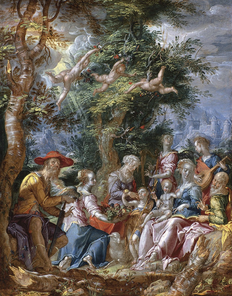 Azizler ve Melekler ile Kutsal Aile by Joachim Wtewael or Utewael