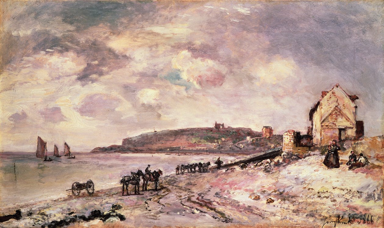 Seascape with ponies on the beach by Johan Barthold Jongkind