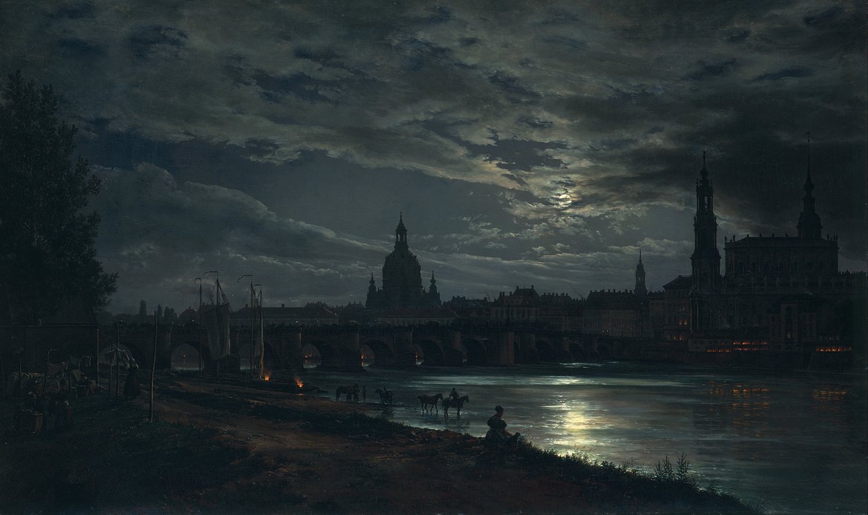 Ay ışığında Dresden manzarası by Johan Christian Dahl