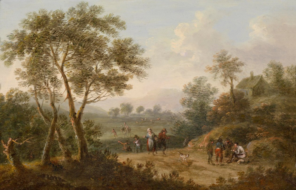 Gezginlerle ağaçlarla kaplı manzara by Johann Christian Brand