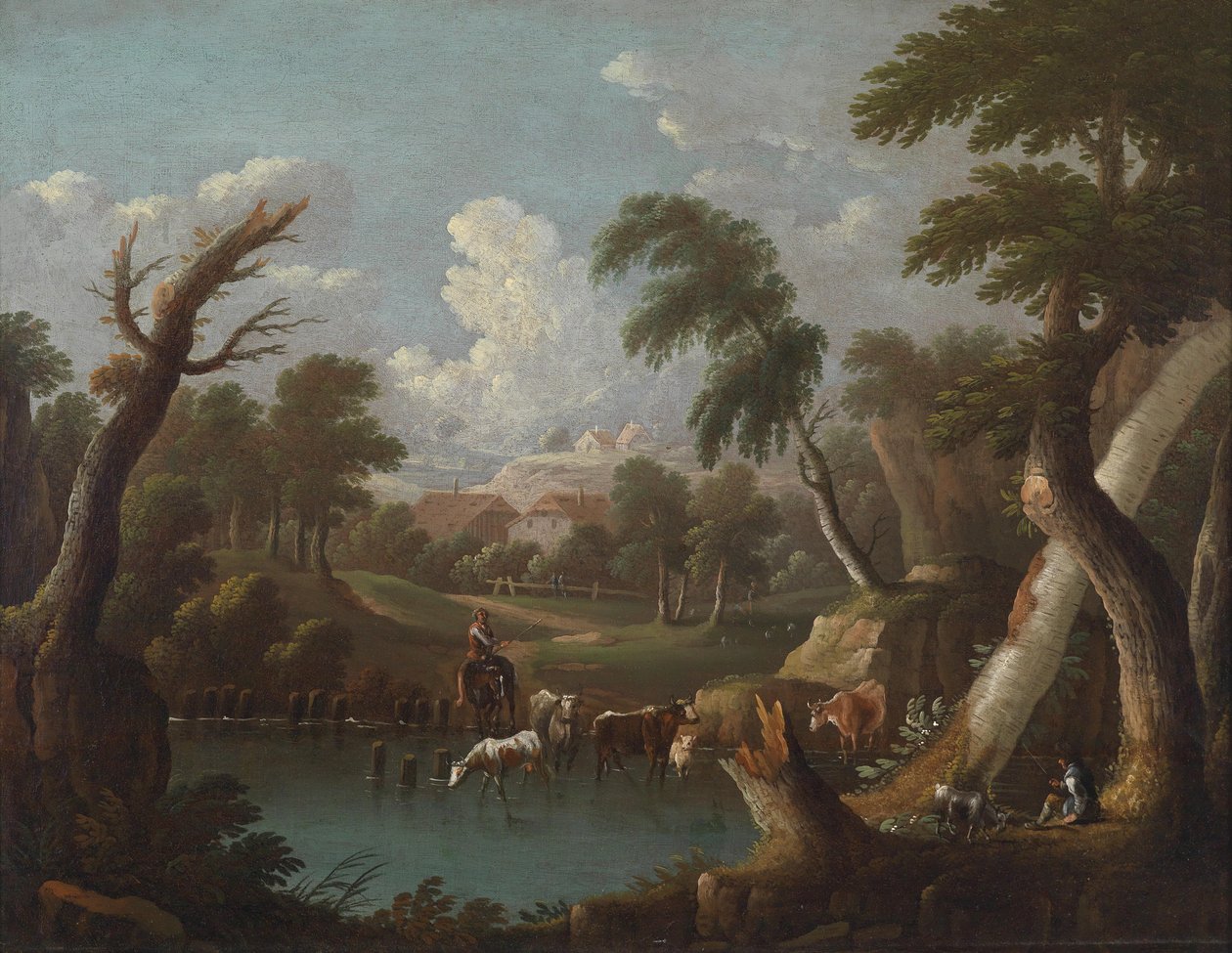 Bir gölet tarafından içme sığır ile dağlık manzara by Johann Georg von Bemmel