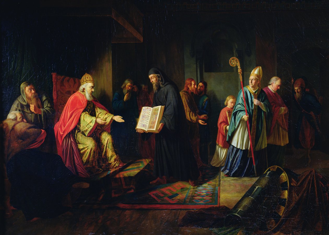 Vladimir Svyatoslavich the Great choosing the religion in 987  by Johann Leberecht Eggink