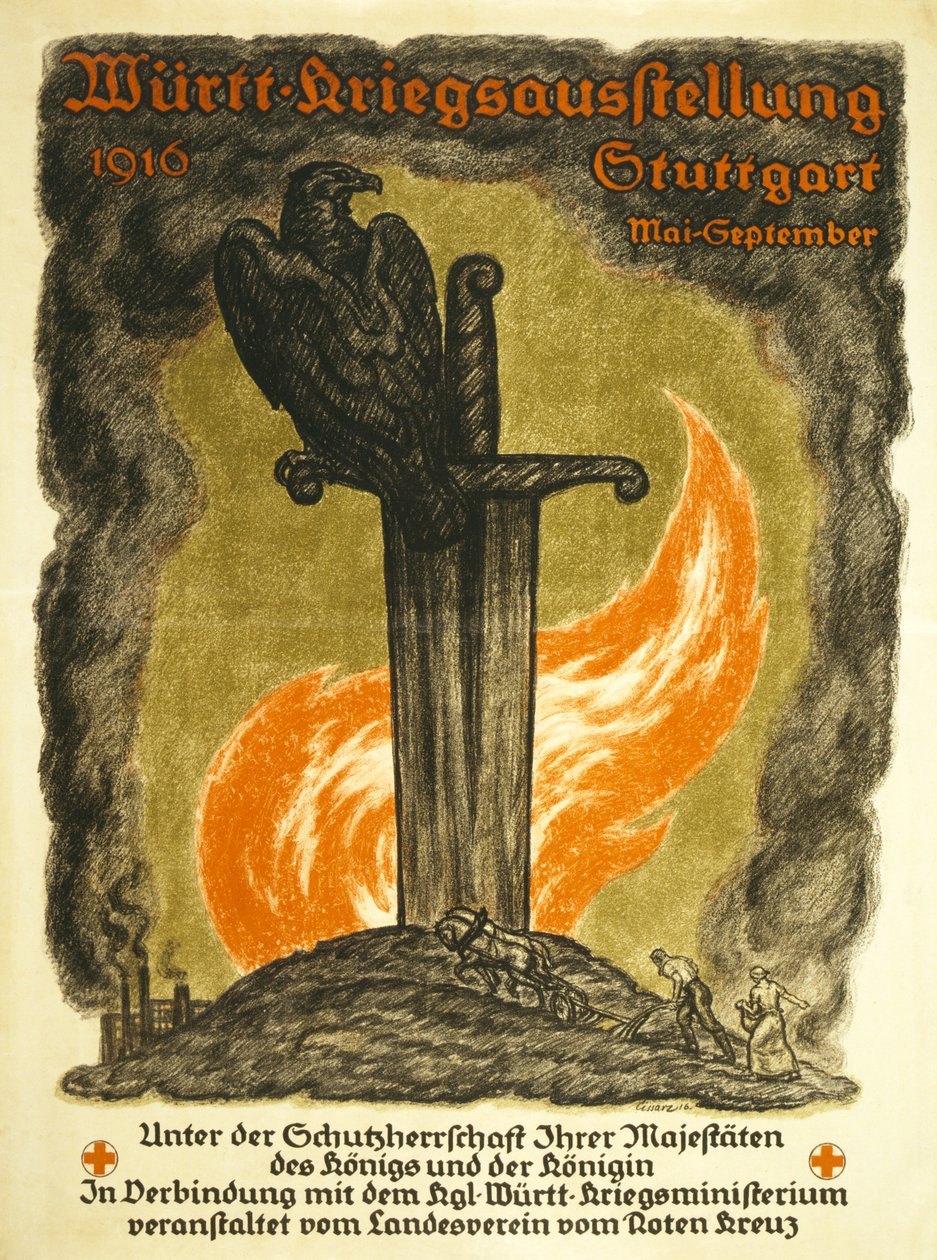 Kızıl Haç Württ tarafından desteklenen bir Savaş Sergisinin reklam afişi. Savaş Sergisi, 1916 Stuttgart Mayıs-Eylül, c.1916 by Johann Vincenz Cissarz