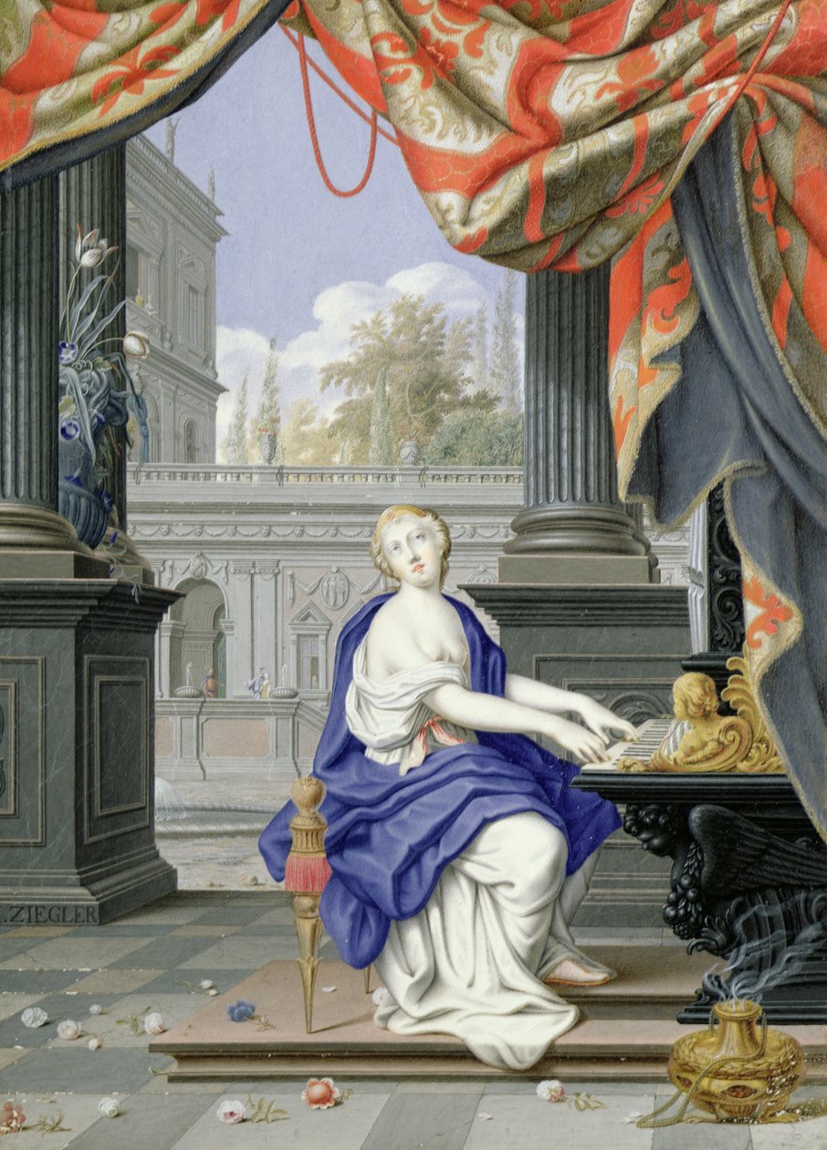 Aziz Cecilia oturmuş bir org çalıyor (kağıt üzerinde tuvalet ve guaj) by Johann Ziegler