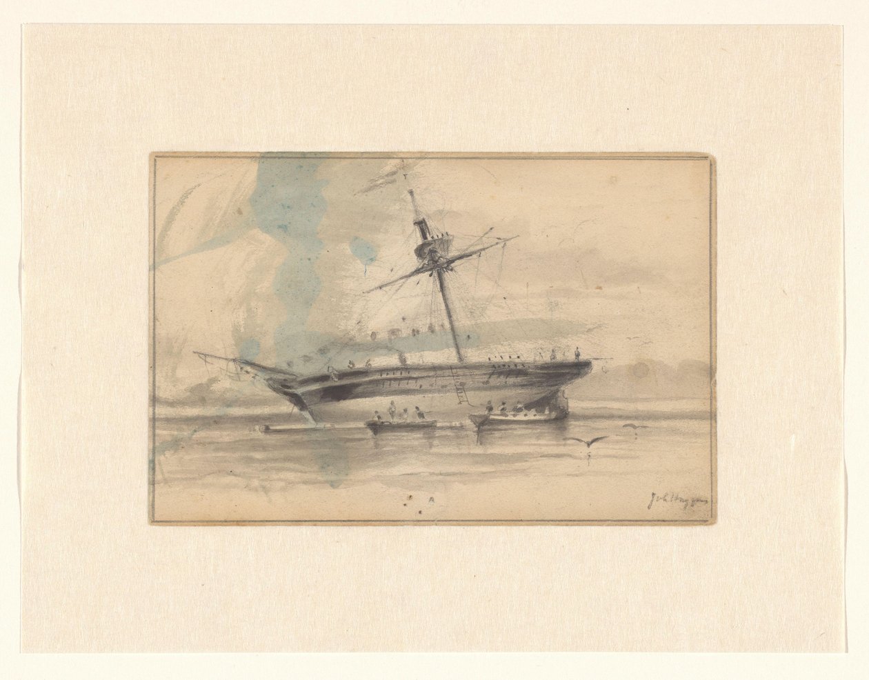İki kürekli tekne ile yelkenli gemi by Johannes Huygens (signed by artist)
