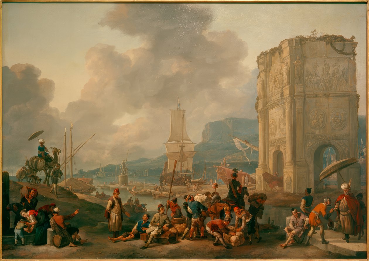 Konstantin Kemeri ile bir İtalyan limanının Capriccio by Johannes Lingelbach