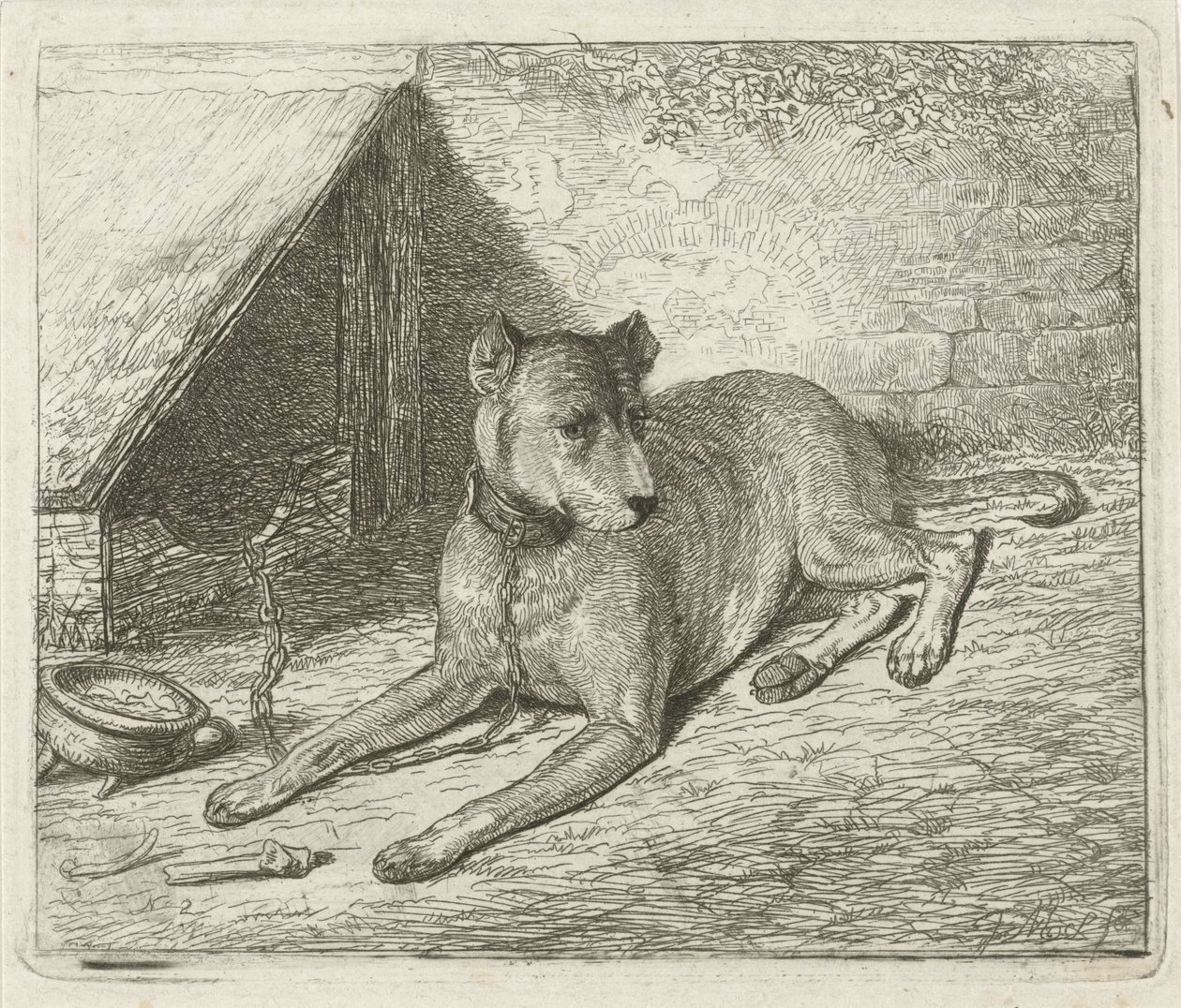 Köpek kulübesinde zincire vurulmuş köpek by Johannes Mock