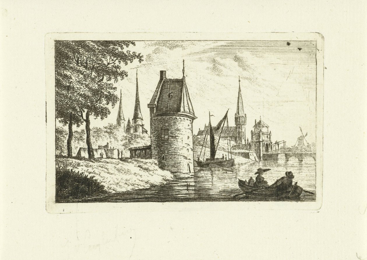 Nehir üzerinde kule ile şehir manzarası by Johannes van Cuylenburgh