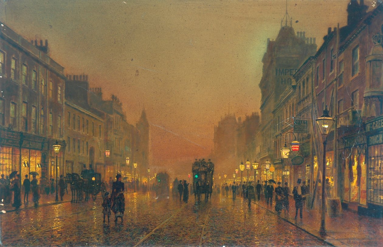 Briggate, Leeds, 1891 (tuval üzerine monte edilmiş kağıt üzerine yağlı boya) by John Atkinson Grimshaw