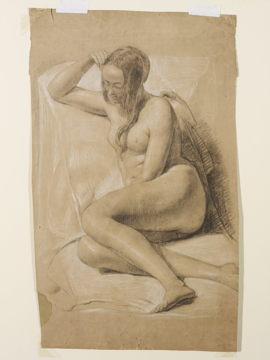 Oturan Kadın Çıplak, 1847 (kahverengi kağıt üzerine siyah ve beyaz tebeşir) by John Everett Millais