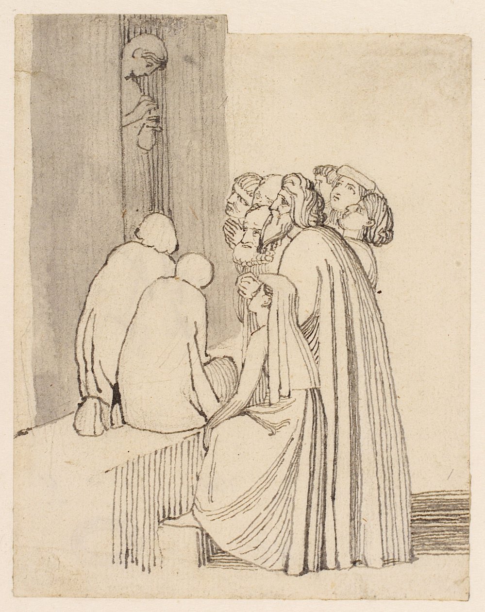 Kapının Etrafında Bir Dilenci Ailesi (kalem, tükenmez kalem, mürekkep ve kağıt üzerinde yıkama) by John Flaxman
