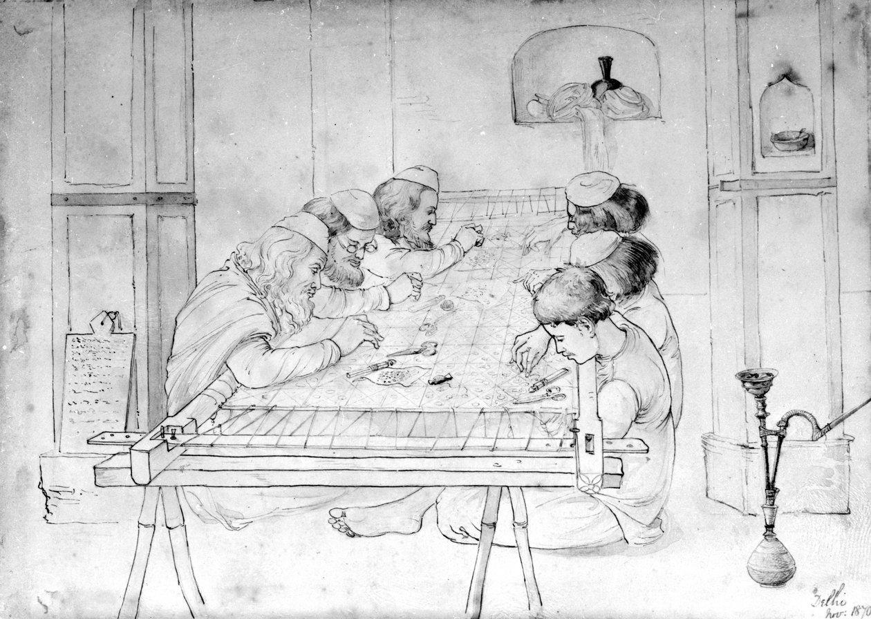 Bir nakış çerçevesi üzerinde çalışan erkekler, 1870 (kalem, kalem ve kağıt üzerinde yıkama) by John Lockwood Kipling
