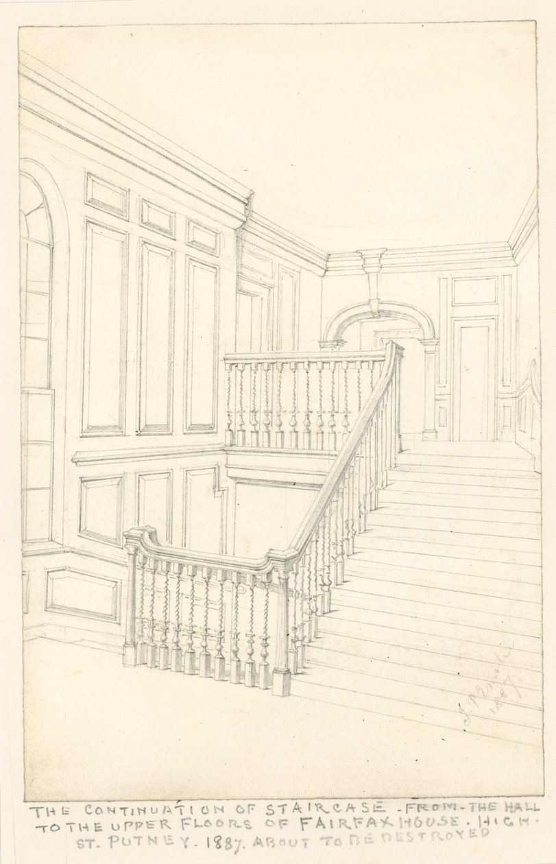 The continuation of staircase, from the hall to the upper floors, of Fairfax House, High Street, Putney, 1887  by John Phillipp Emslie