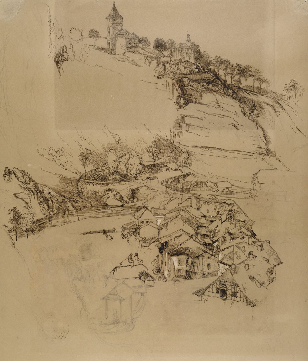 Fribourg, İsviçre: Kalem taslağı, Temmuz veya Ağustos - Eylül 1856 (kahverengi dokuma kağıt üzerinde beyaz gövde rengine sahip kalem ve grafit) by John Ruskin