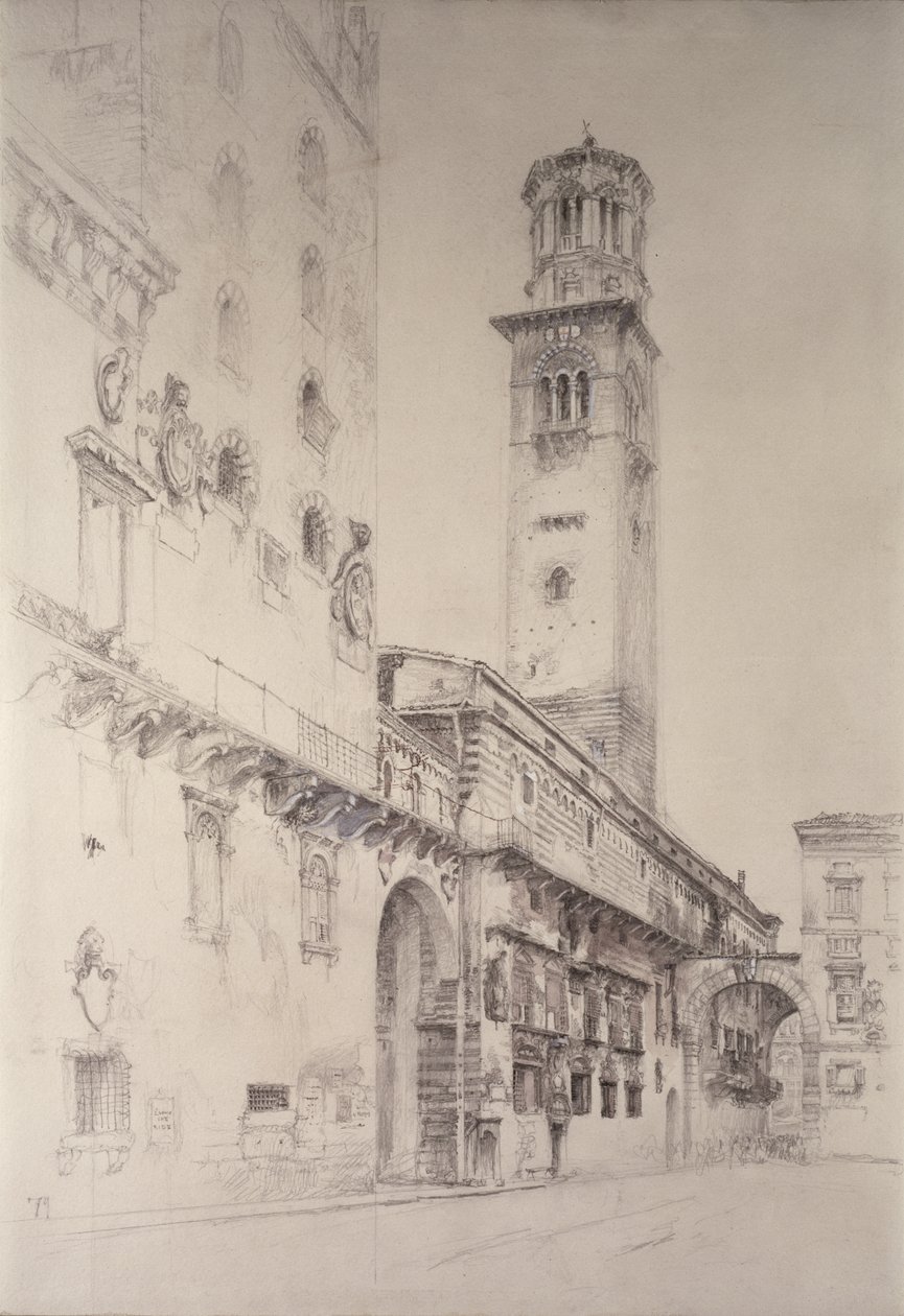 Piazza dei Signori, Verona, 19. yüzyıl (kağıt üzerinde kalem ve tuvalet) by John Ruskin