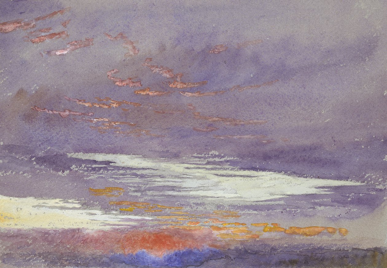 Şafak Çalışması: mor Bulutlar, Mart 1868 (mavi-gri kağıt üzerinde soluk grafit çizgiler üzerine suluboya ve gövde rengi) by John Ruskin
