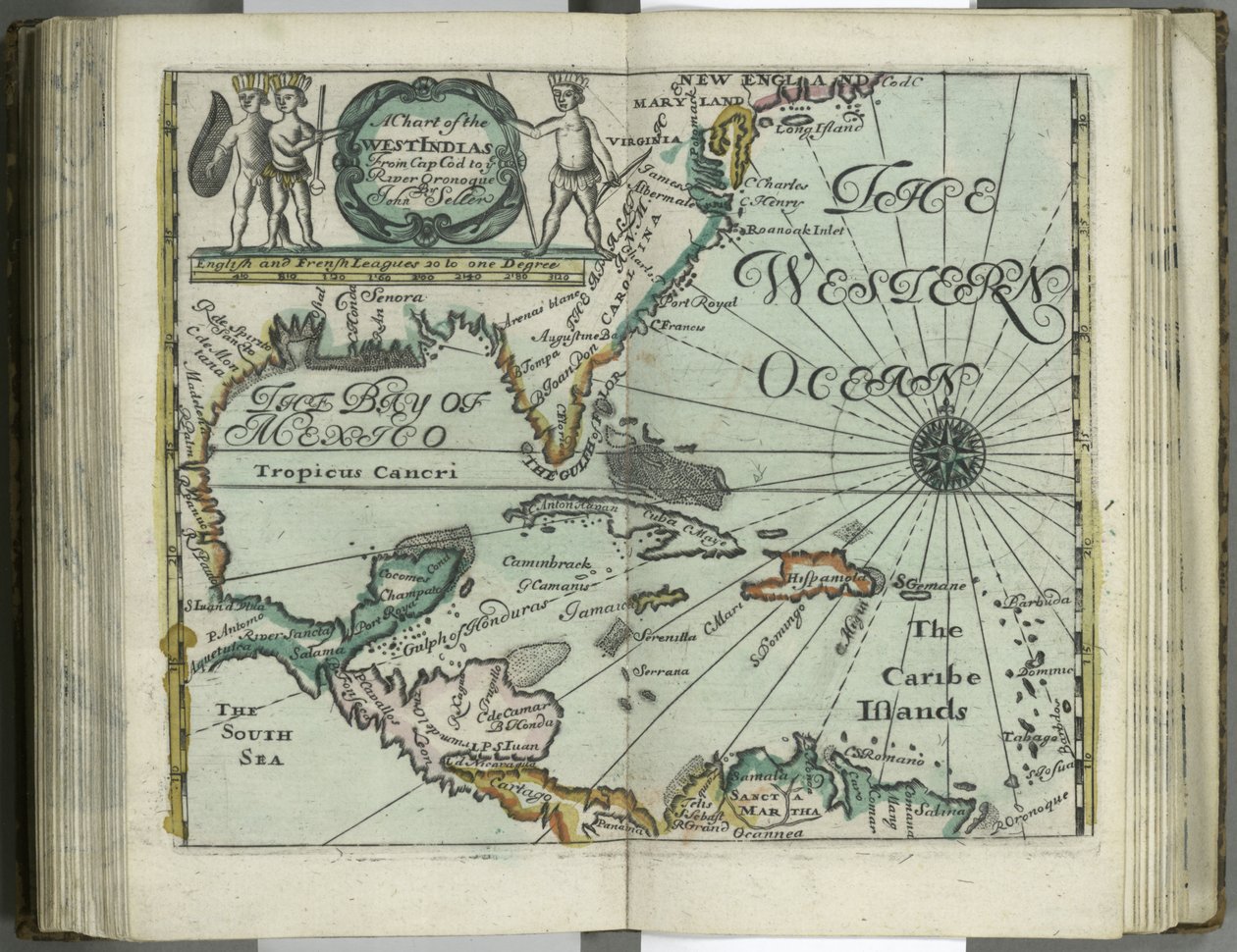 A chart of the West Indies from Cape Cod to River Oronoque from Atlas maritimus by John Seller, 1682 (hand coloured engraving) by John Seller