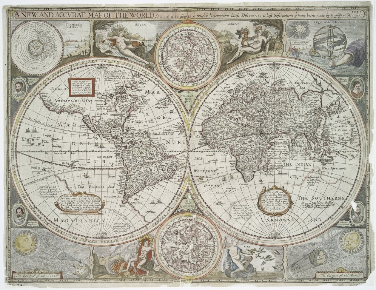 A new and accurate map of the world, 1676 (hand coloured print) by John Speed