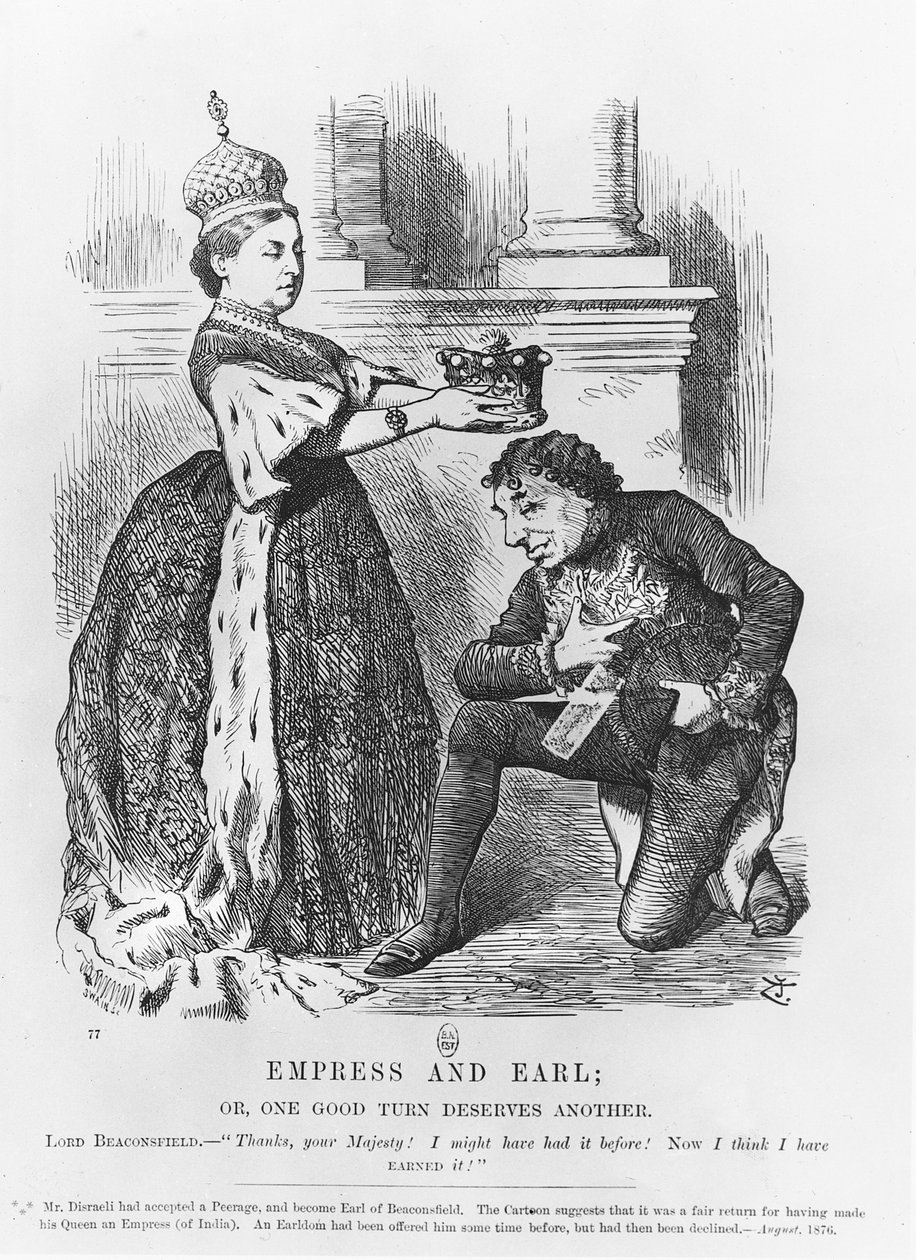 Disraeli given a peerage by Queen Victoria in 1876  by John Tenniel