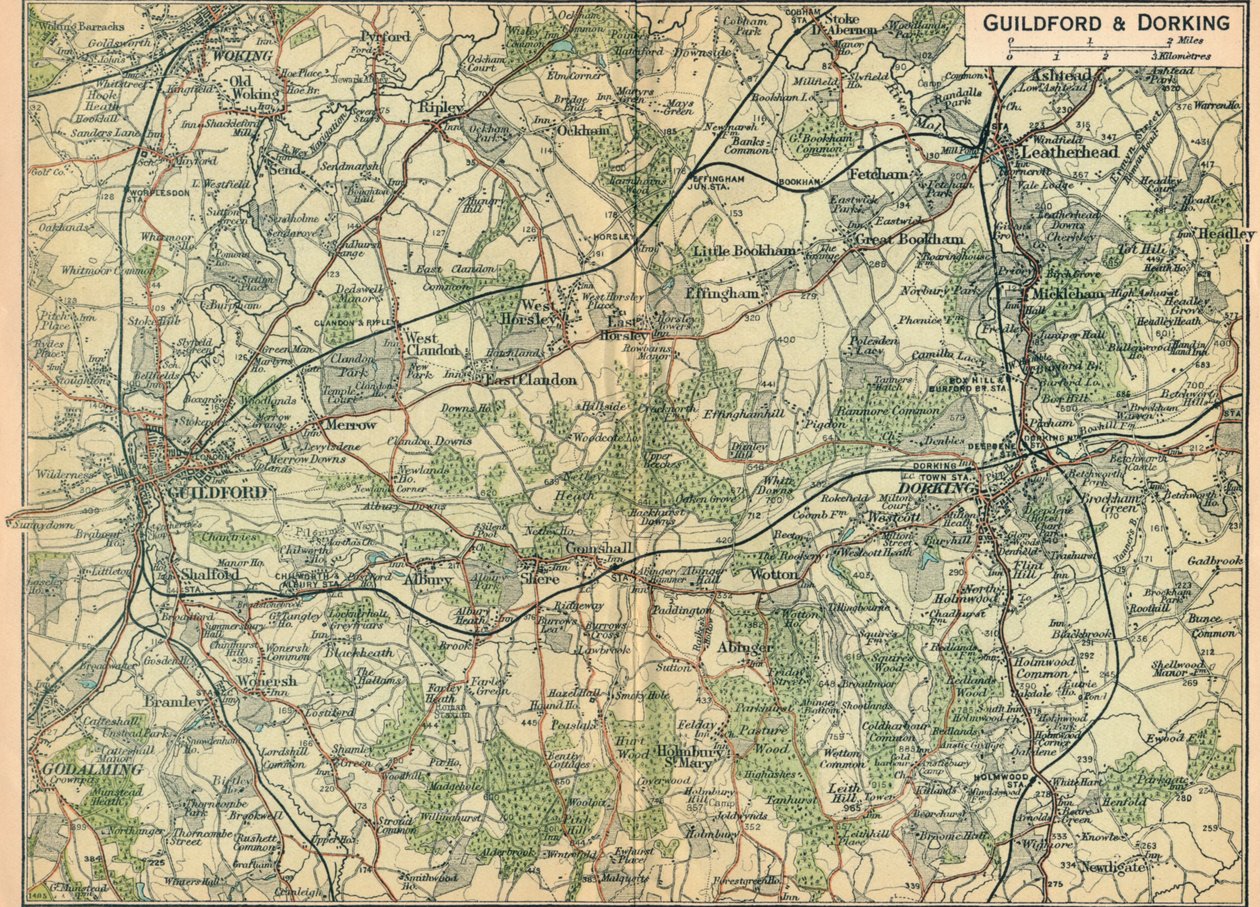 Guildford ve Dorking, c20th Century by John Bartholomew