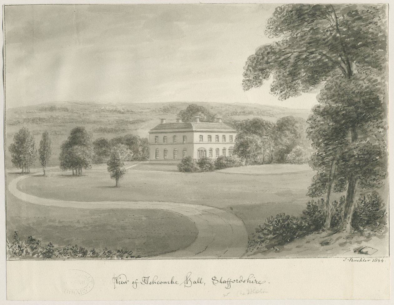 Cheddleton - Ashcombe Salonu: sepya çizimi, 1844 by John Buckler