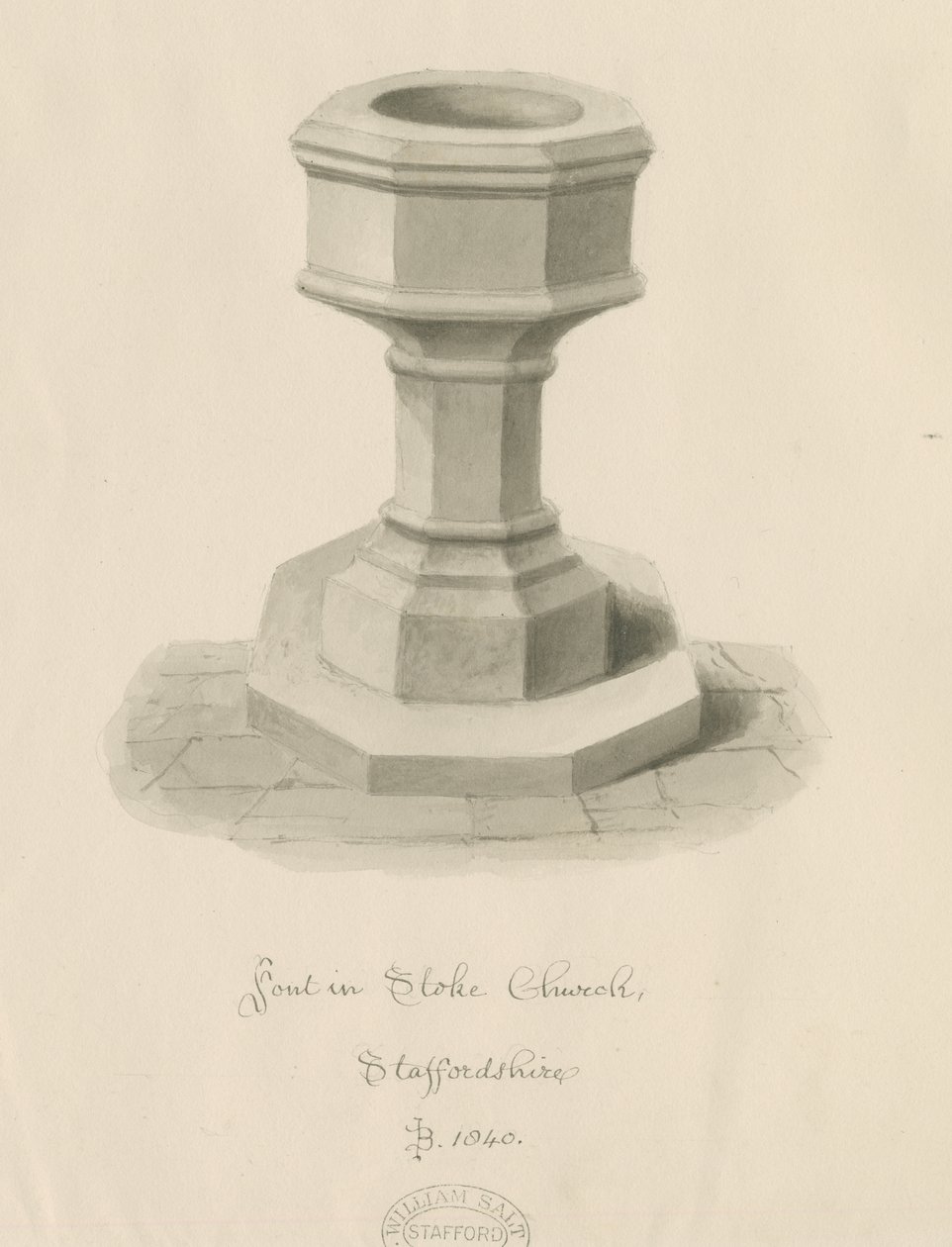 Font Stoke-upon-Trent Kilisesi: sepya çizimi by John Buckler