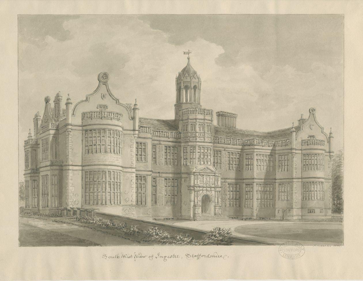 Ingestre Hall: sepya çizimi by John Buckler