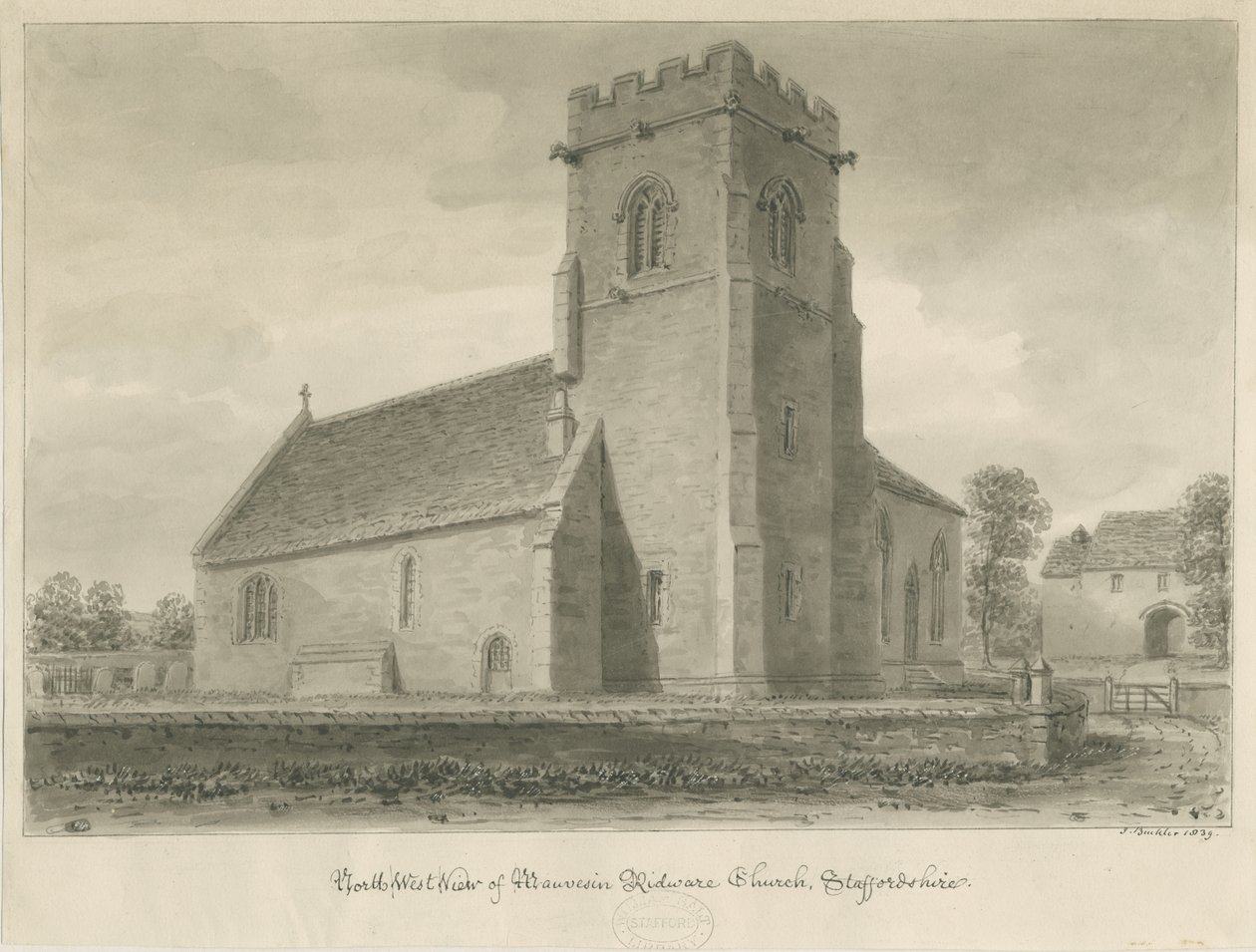 Mavesyn Ridware Kilisesi: sepya çizimi, 1839 by John Buckler