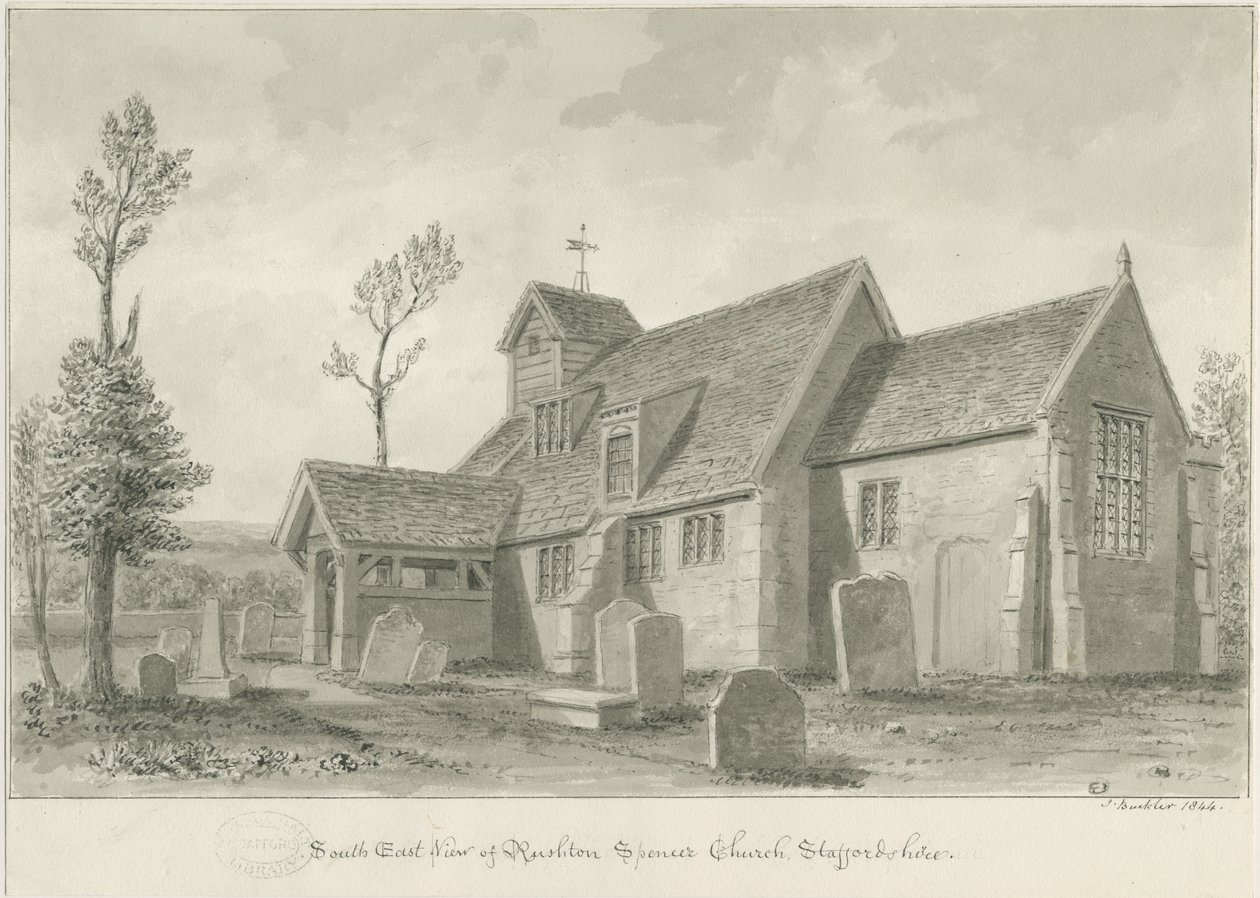 Rushton Spencer Kilisesi: sepya yıkama çizimi, 1844 by John Buckler