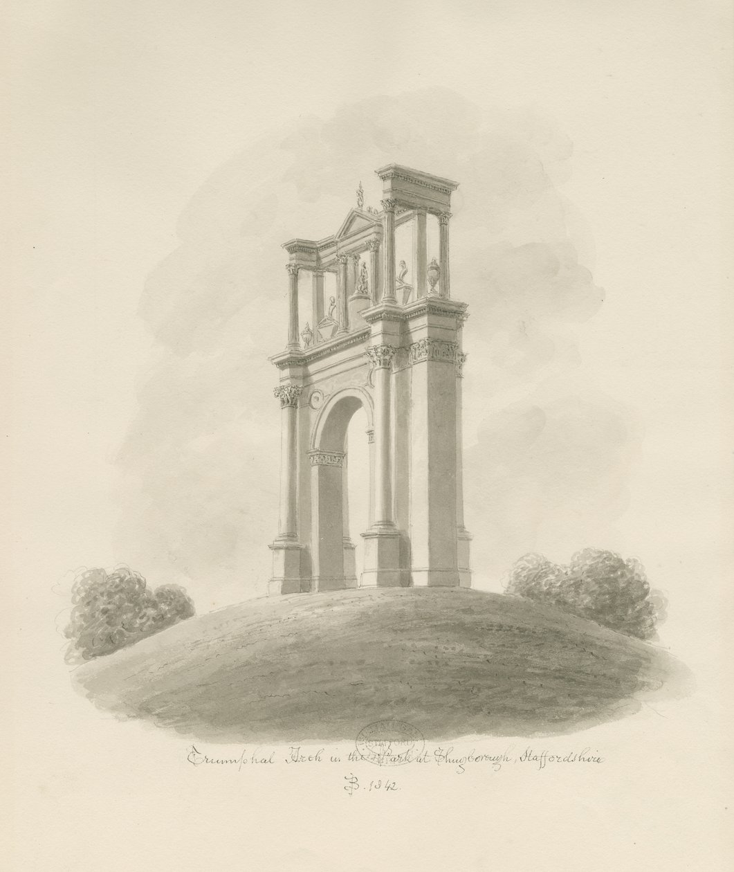 Shugborough - Zafer Takı: sepya çizimi by John Buckler