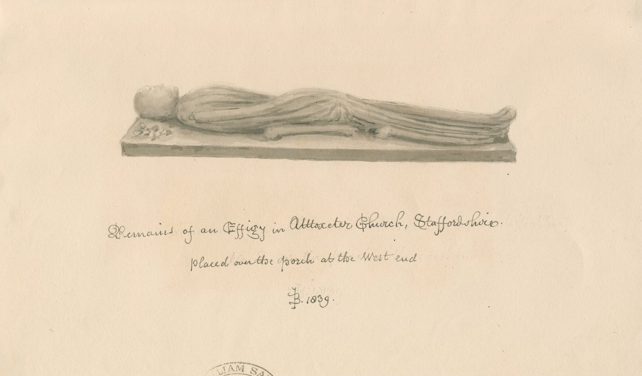 Uttoxeter Kilisesi - Effigy: sepya yıkama çizimi by John Buckler