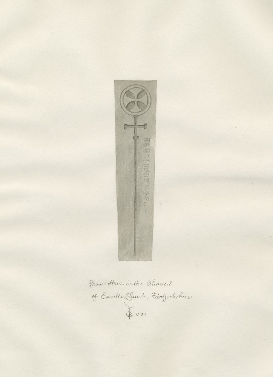Enville Kilisesi - Mezar taşı: sepya çizimi by John Chessell Buckler