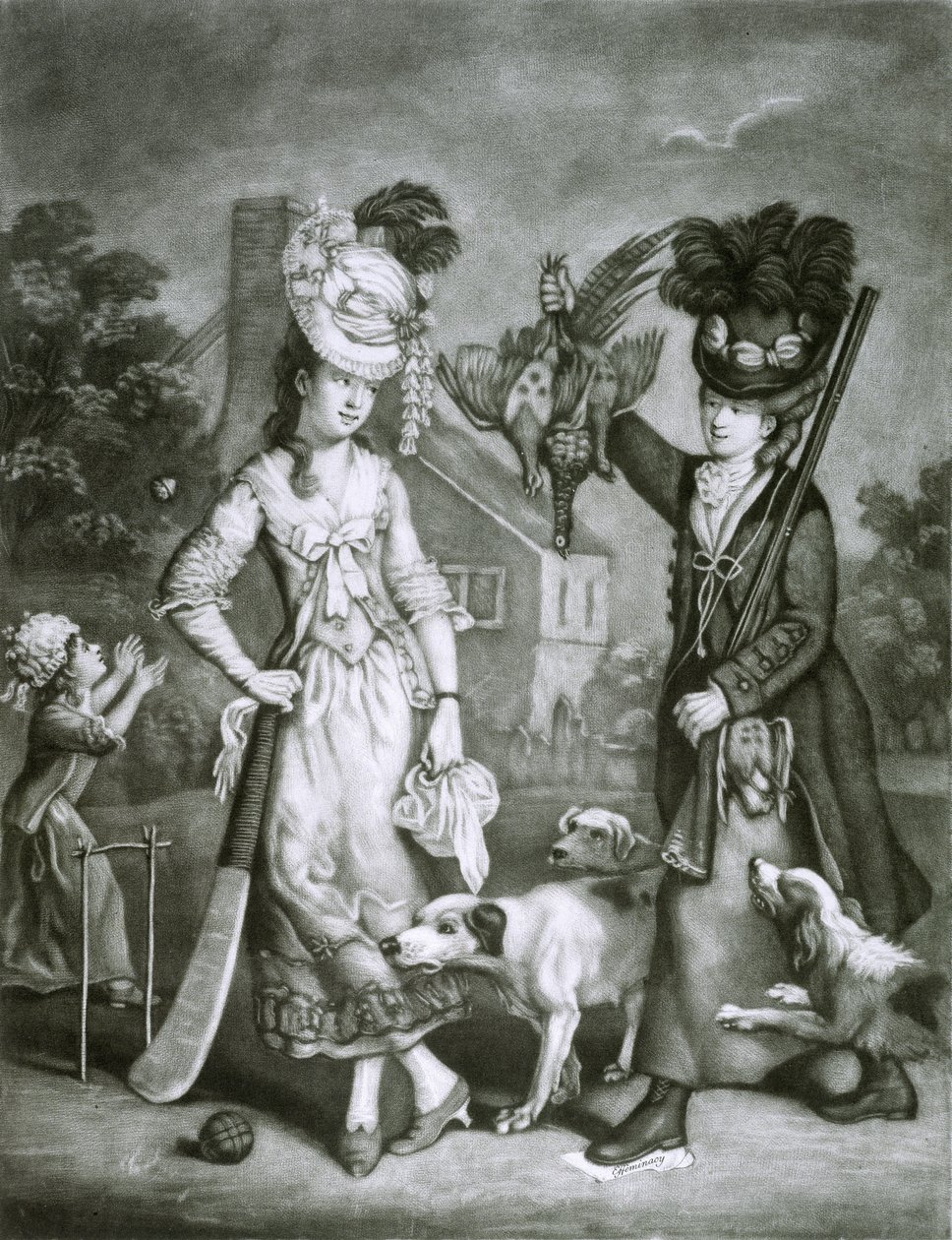 Bayan Wicket ve Bayan Tetik, 1778 (mezzotint) by John Collet