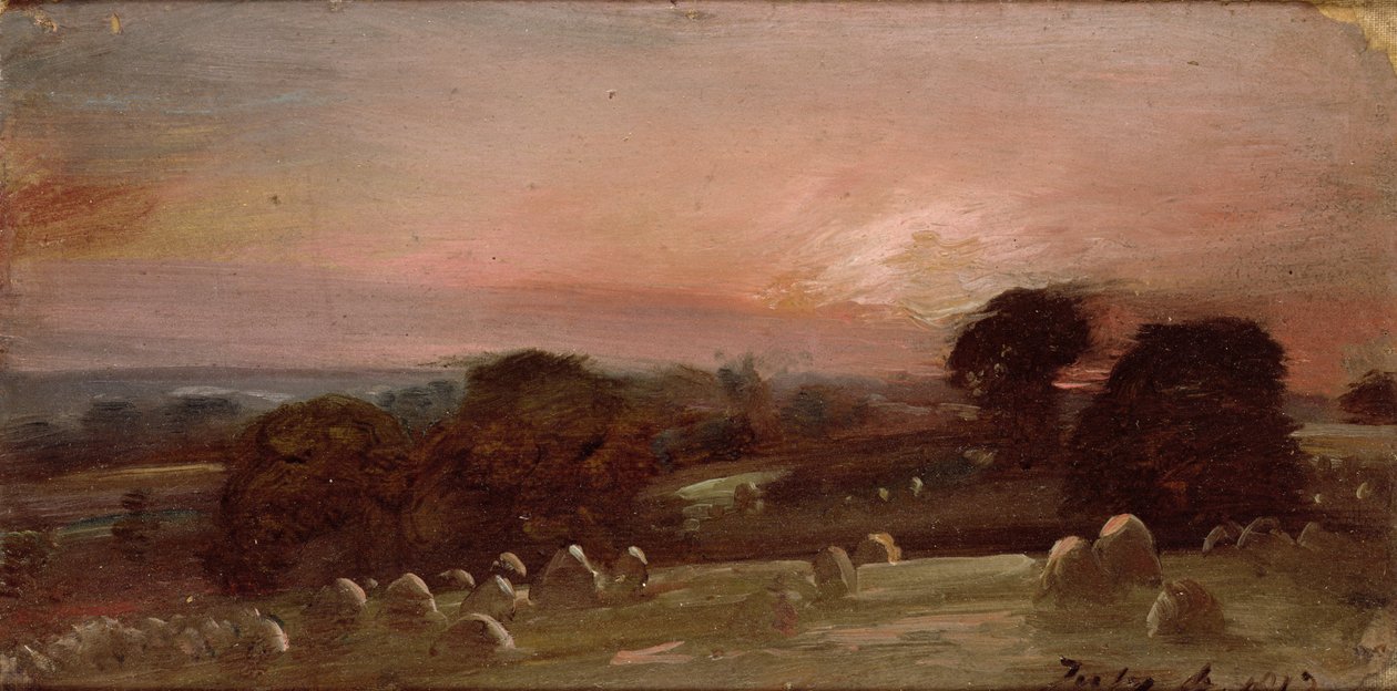 Gün Batımında Doğu Bergholt yakınlarındaki bir Hayfield by John Constable