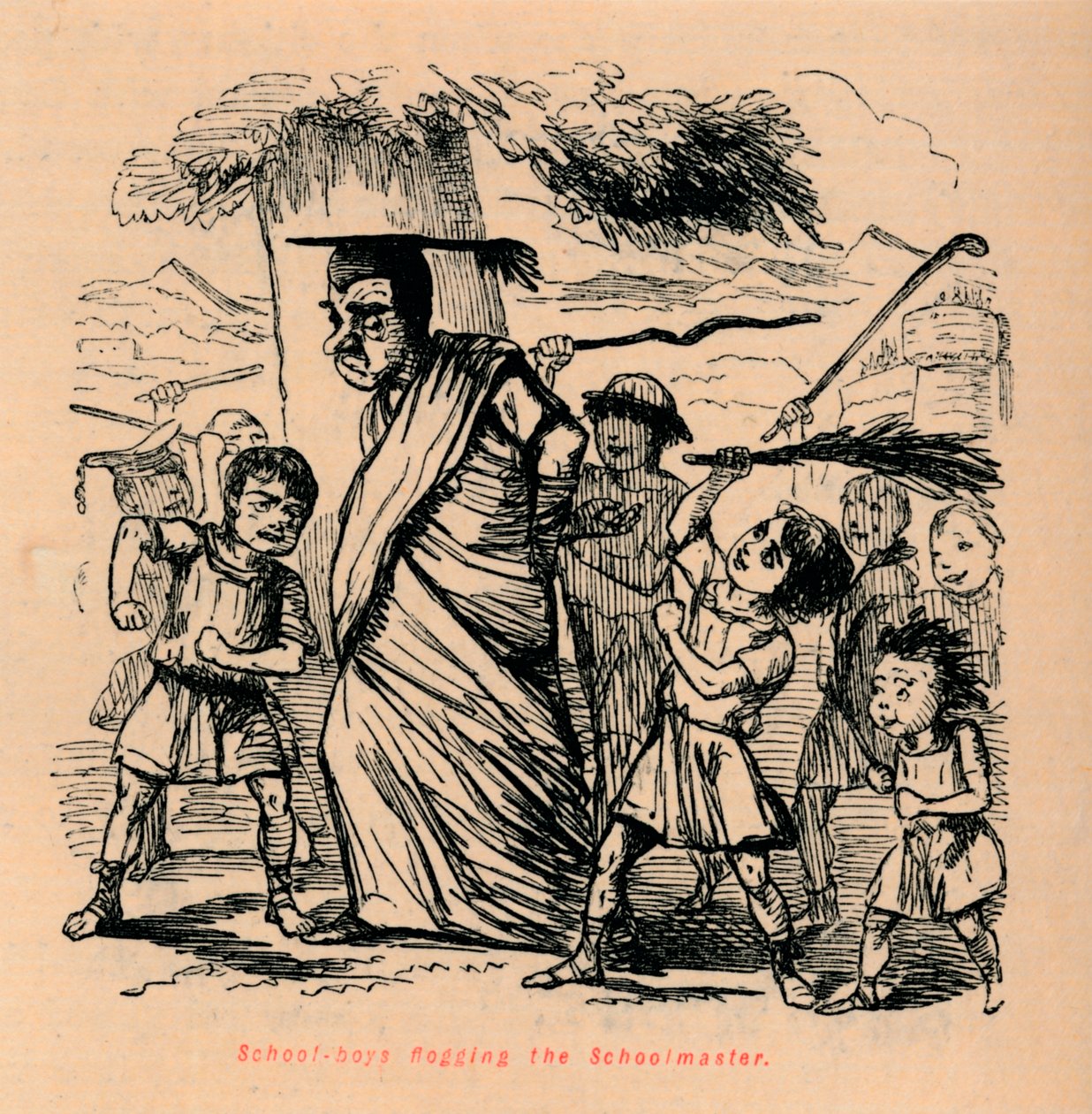 Okul müdürünü kırbaçlayan okul çocukları, 1852 by John Leech