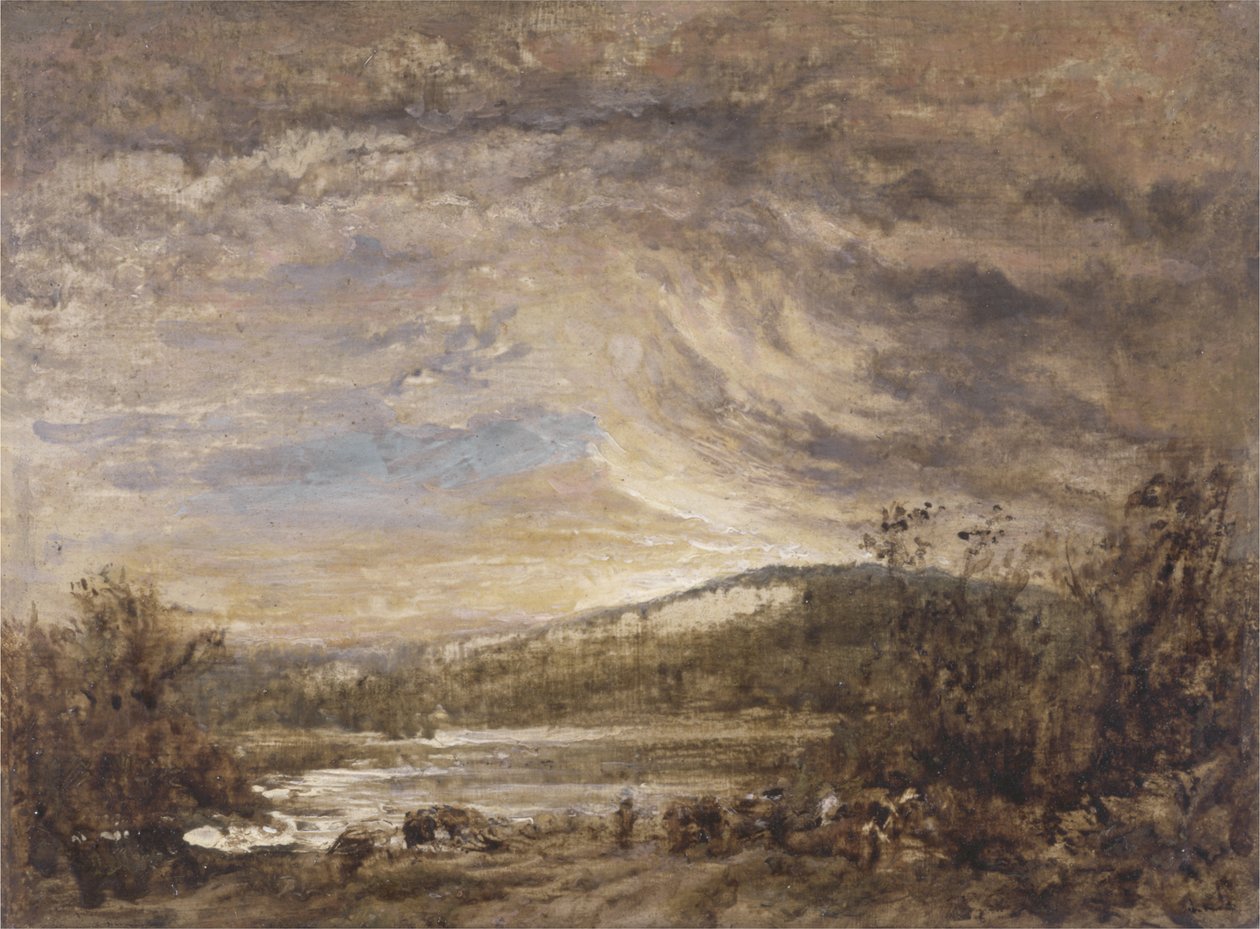 Nehir Manzarası, Gün Batımı (panelde yağ) by John Linnell