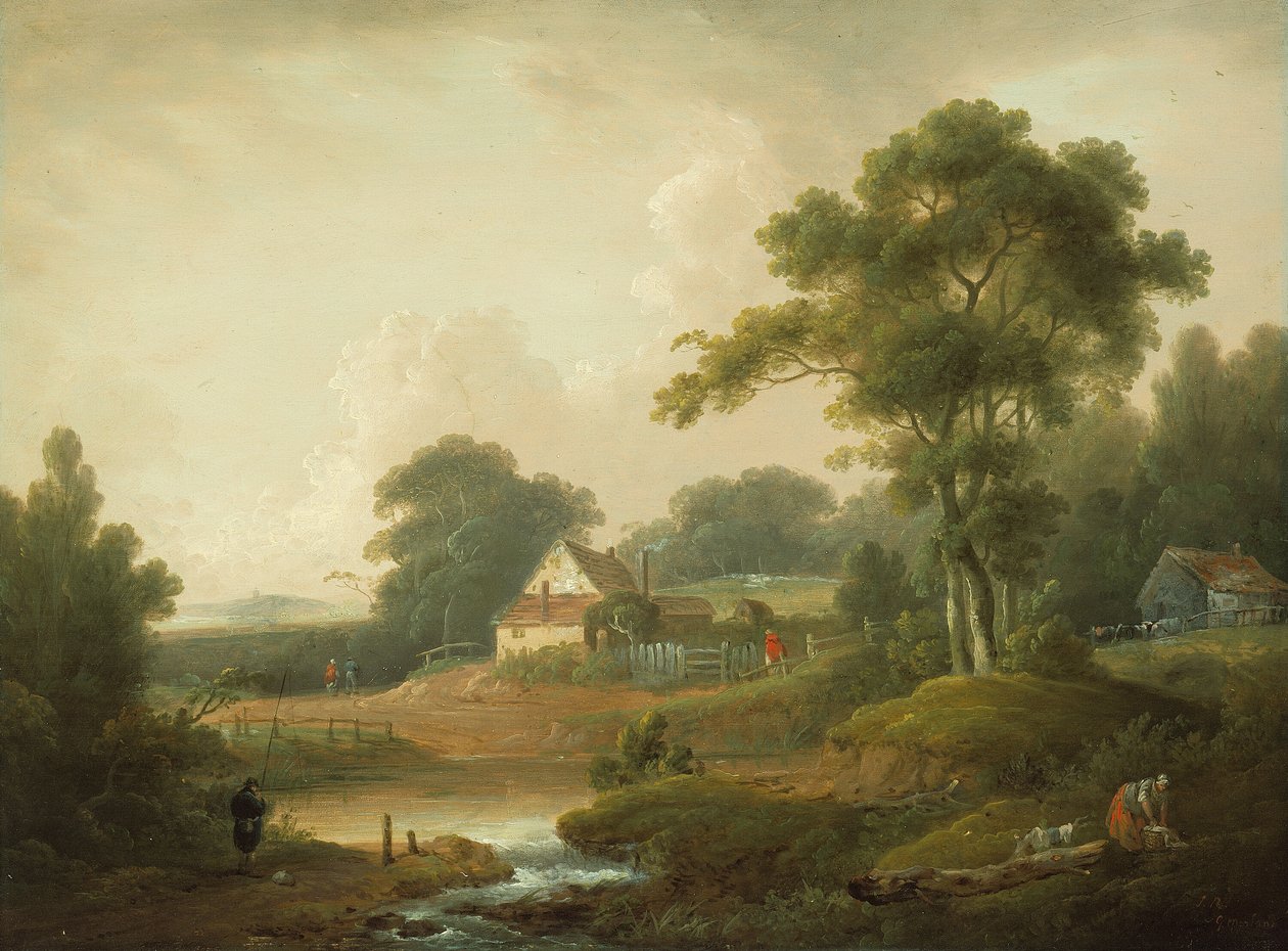 Balıkçı ve Çamaşırcı Kadın ile Manzara by John Rathbone