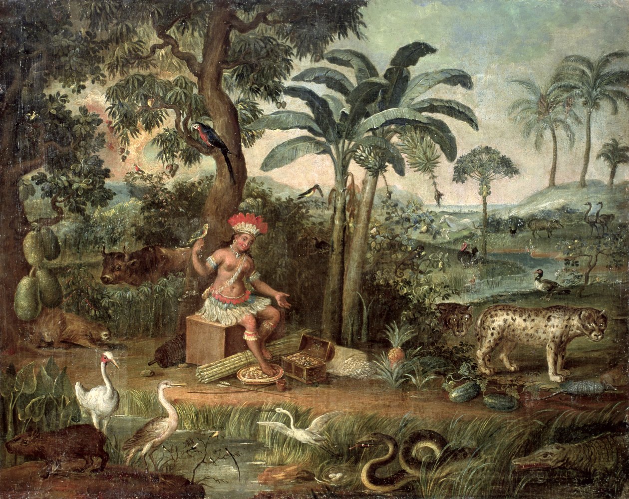 Hayvanlarla dolu bir manzarada yerli Hint by Jose Teofilo de Jesus