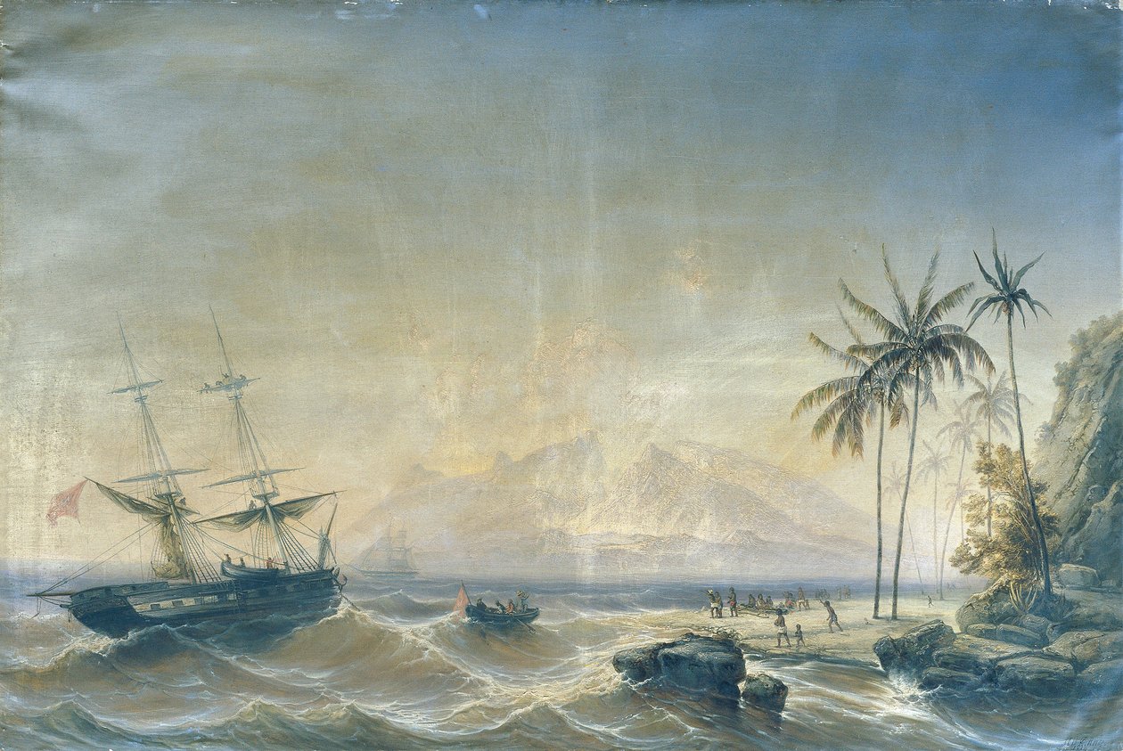 Güney Denizi Adaları açıklarında savaş gemisi by Josef Carl Berthold Püttner