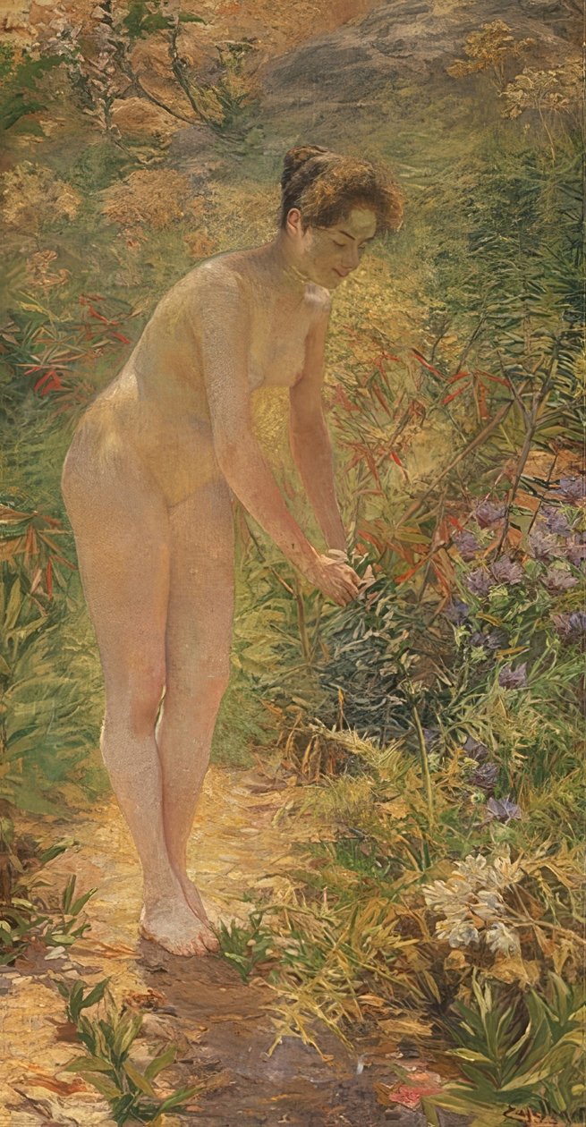 Bahçede çıplak duran kadın. 1900 civarında by Josef Engelhart
