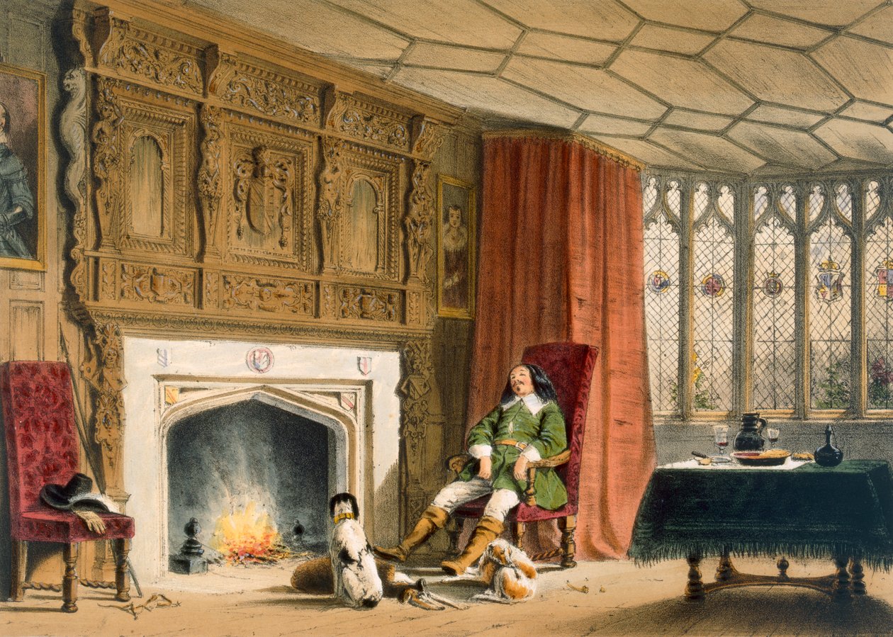 Ocağın yanında köpekleriyle Squire, Southam Delabere, Gloucestershire, 